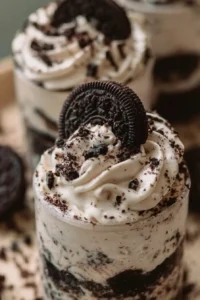 Delicious Oreo no-bake cheesecake cups served in clear dessert cups