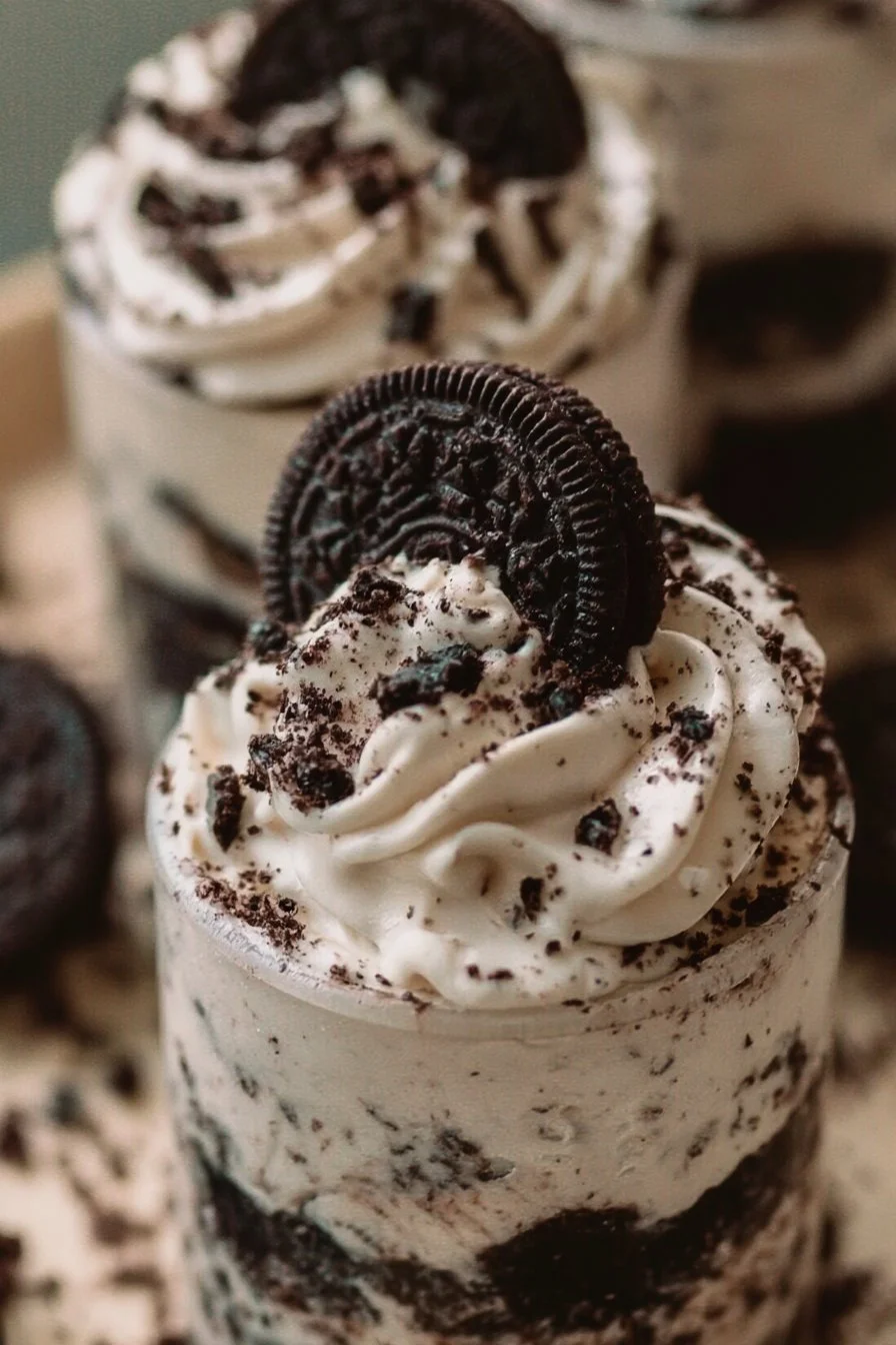 Delicious Oreo no-bake cheesecake cups served in clear dessert cups