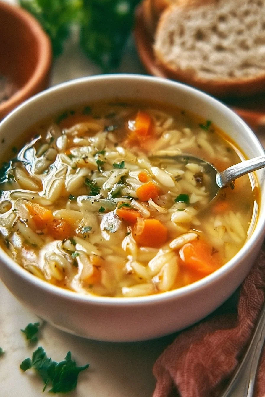 Home 19 Bowl of hearty orzo soup with vegetables and herbs