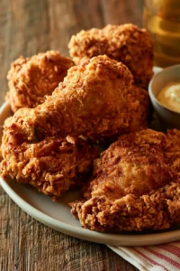 Crispy oven fried chicken served on a plate with herbs and spices.
