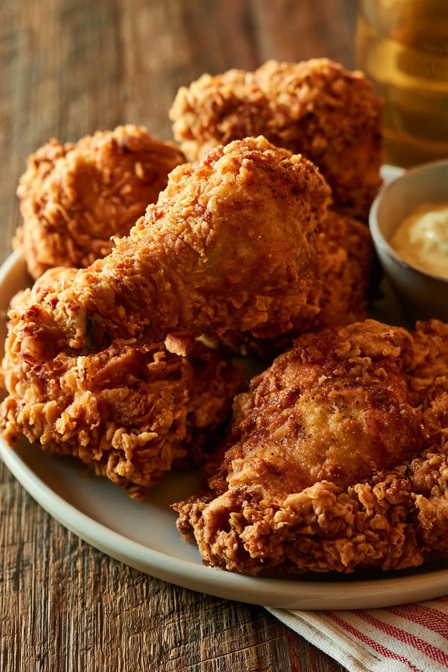Crispy oven fried chicken served on a plate with herbs and spices.
