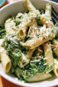 Plate of pasta with spinach sauce garnished with parmesan cheese