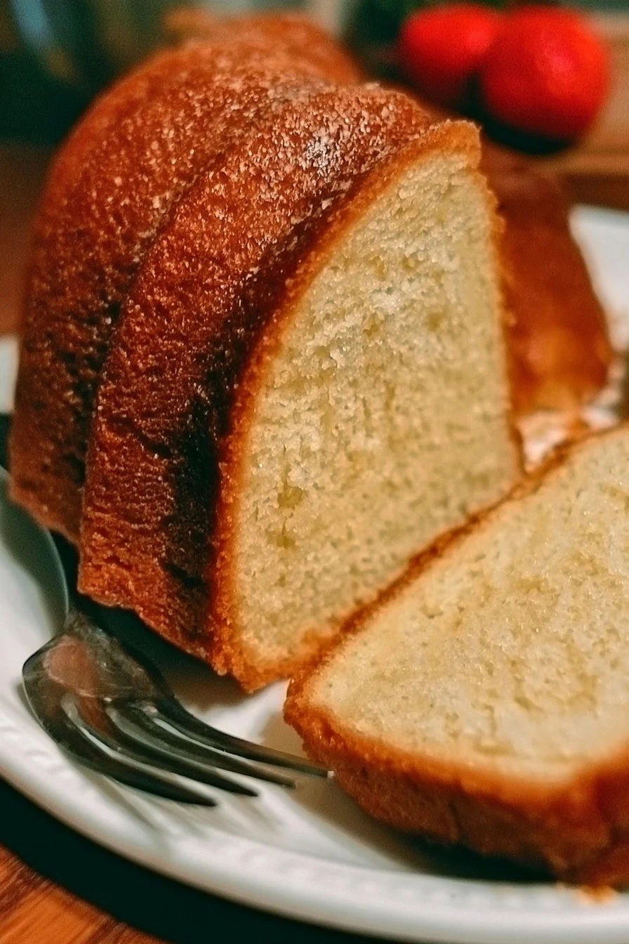Slice of perfect pound cake on a plate with berries