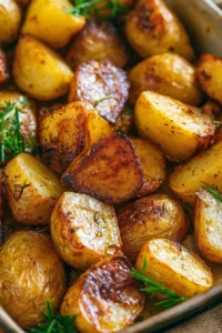 Perfectly roasted potatoes served in a dish, golden and crispy.