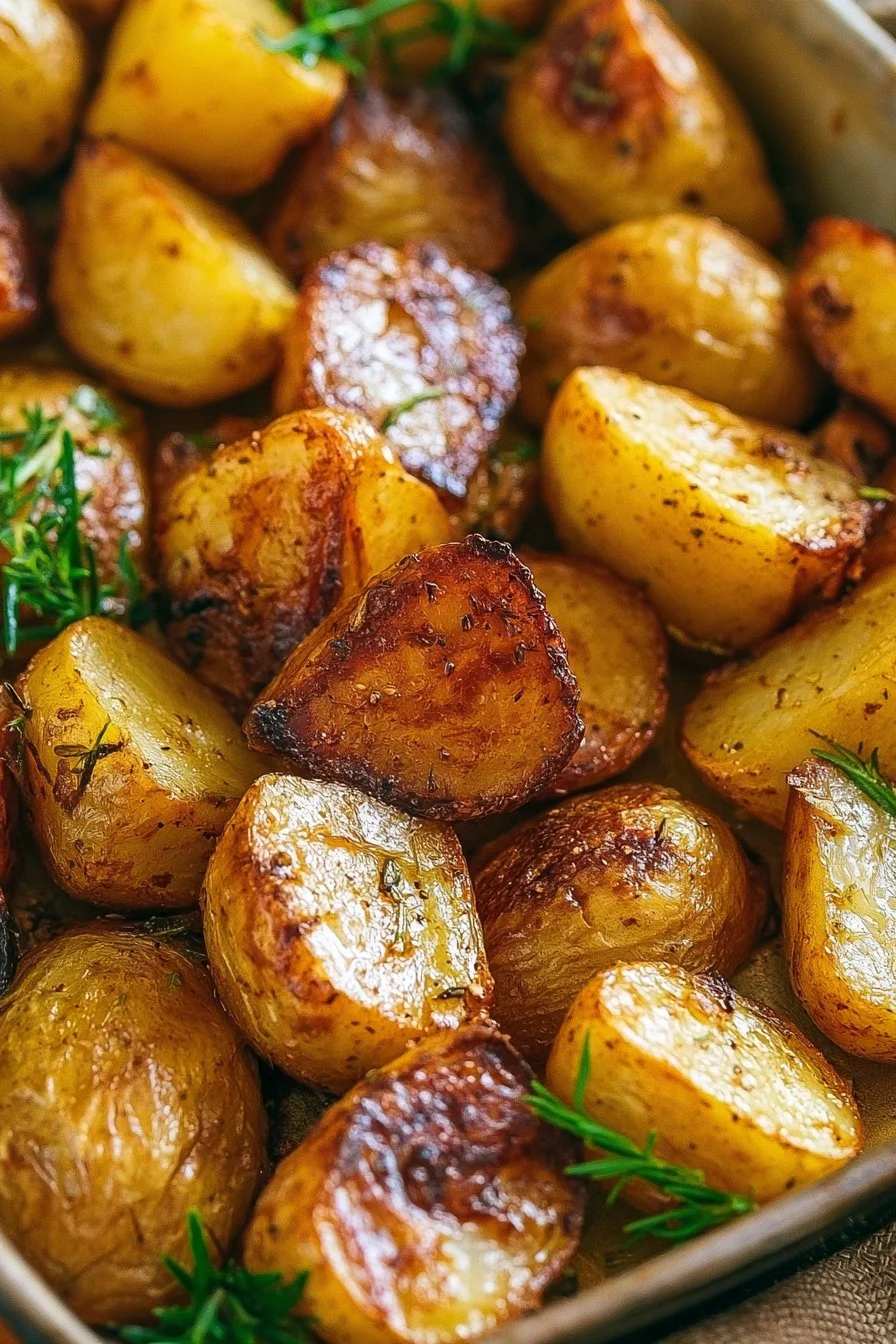 Oven Roasted Potatoes with Garlic Powder 1 Perfectly roasted potatoes served in a dish, golden and crispy.