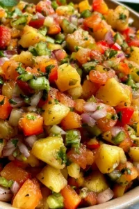 Homemade Pineapple Salsa served in a bowl with tortilla chips