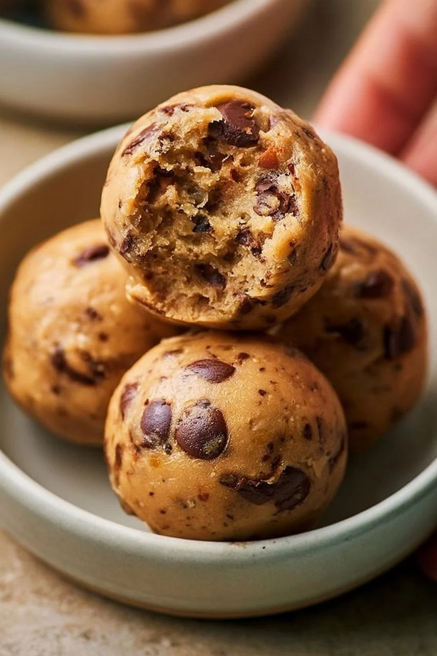 Delicious protein-packed no-bake cookie dough balls on a plate