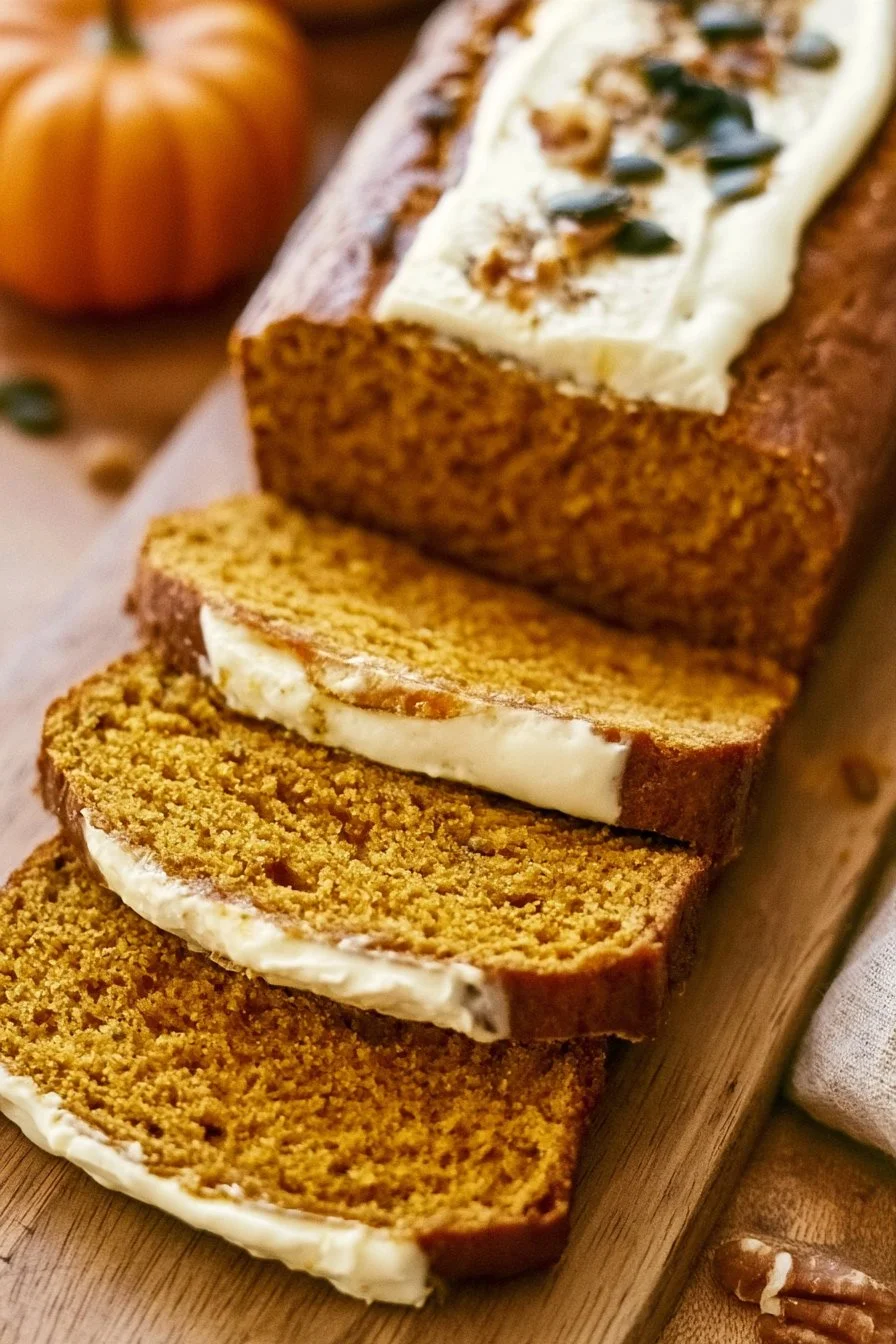 Slice of pumpkin bread with cream cheese frosting on a wooden table.
