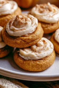 Delicious pumpkin cookies topped with creamy cheese frosting on a plate.