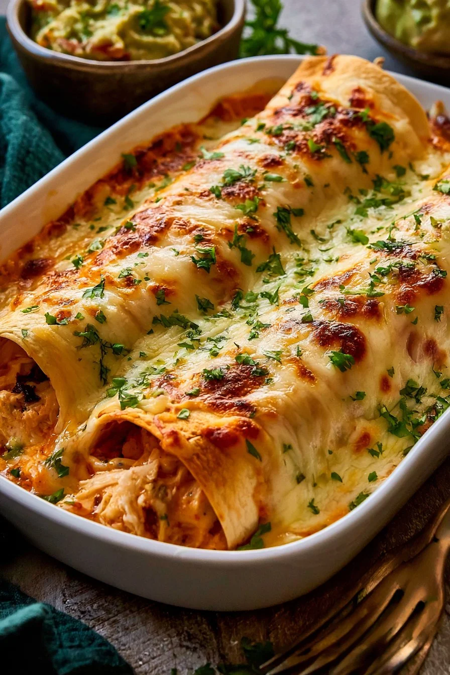 Healthy high protein chicken enchiladas served on a plate with toppings