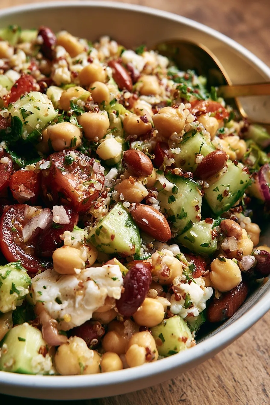 Colorful quinoa chickpea salad with fresh vegetables and dressing