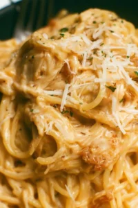 A bowl of savory Ranch Chicken Spaghetti garnished with herbs.