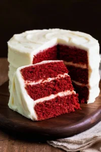 Homemade Red Velvet Cake with cream cheese frosting on a rustic table.
