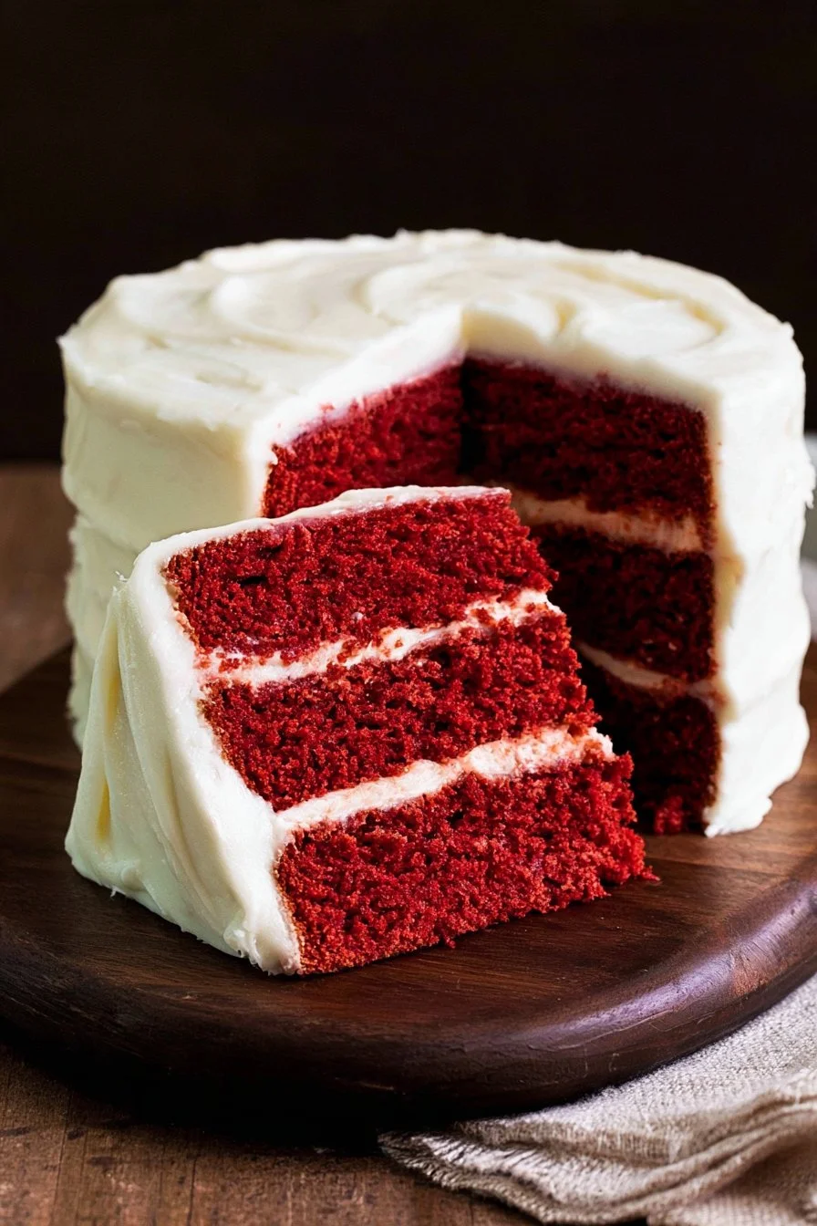 Homemade Red Velvet Cake with cream cheese frosting on a rustic table.