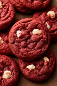 Homemade red velvet cookies on a baking sheet with cream cheese frosting.
