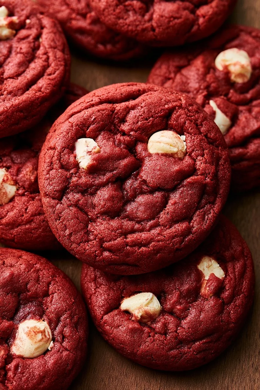 Homemade red velvet cookies on a baking sheet with cream cheese frosting.