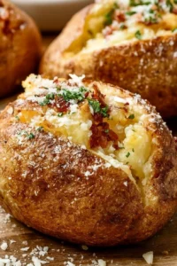 Delicious restaurant-style baked potatoes topped with sour cream and chives