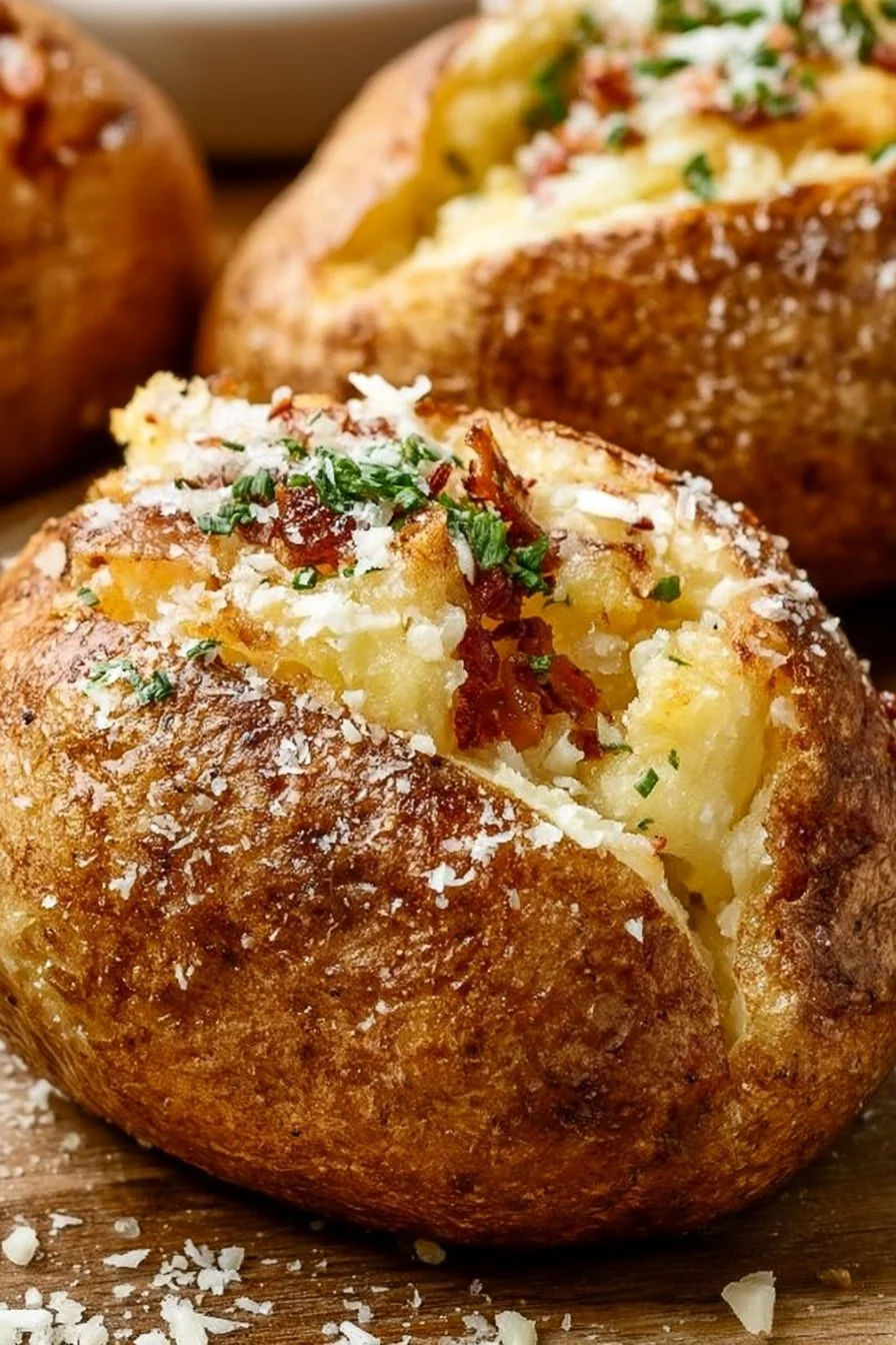 Delicious restaurant-style baked potatoes topped with sour cream and chives