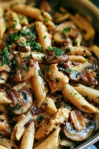 Delicious plate of rich chicken mushroom pasta garnished with herbs