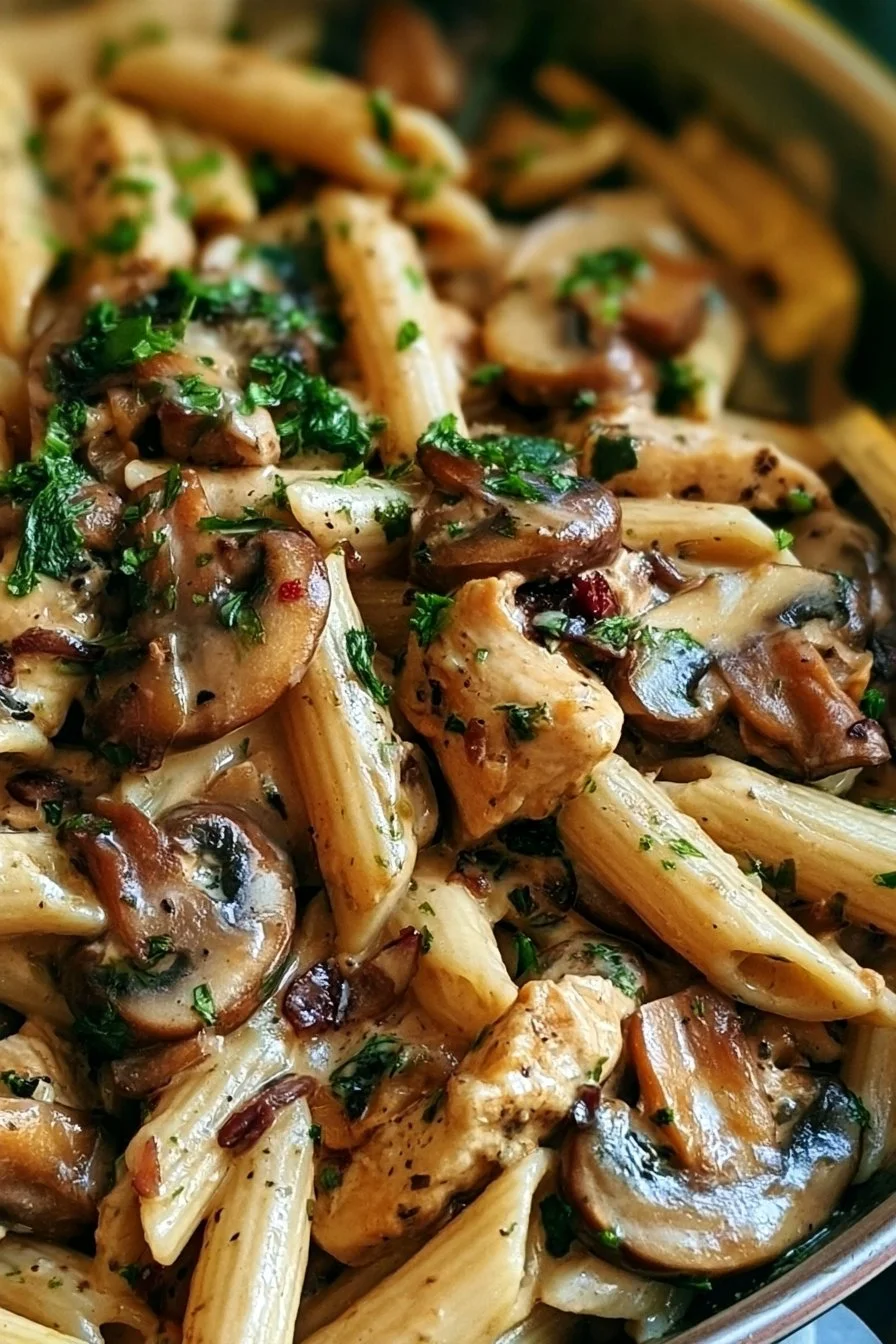 Delicious plate of rich chicken mushroom pasta garnished with herbs