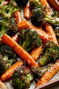 Delicious roasted broccoli and carrots served as a healthy side dish