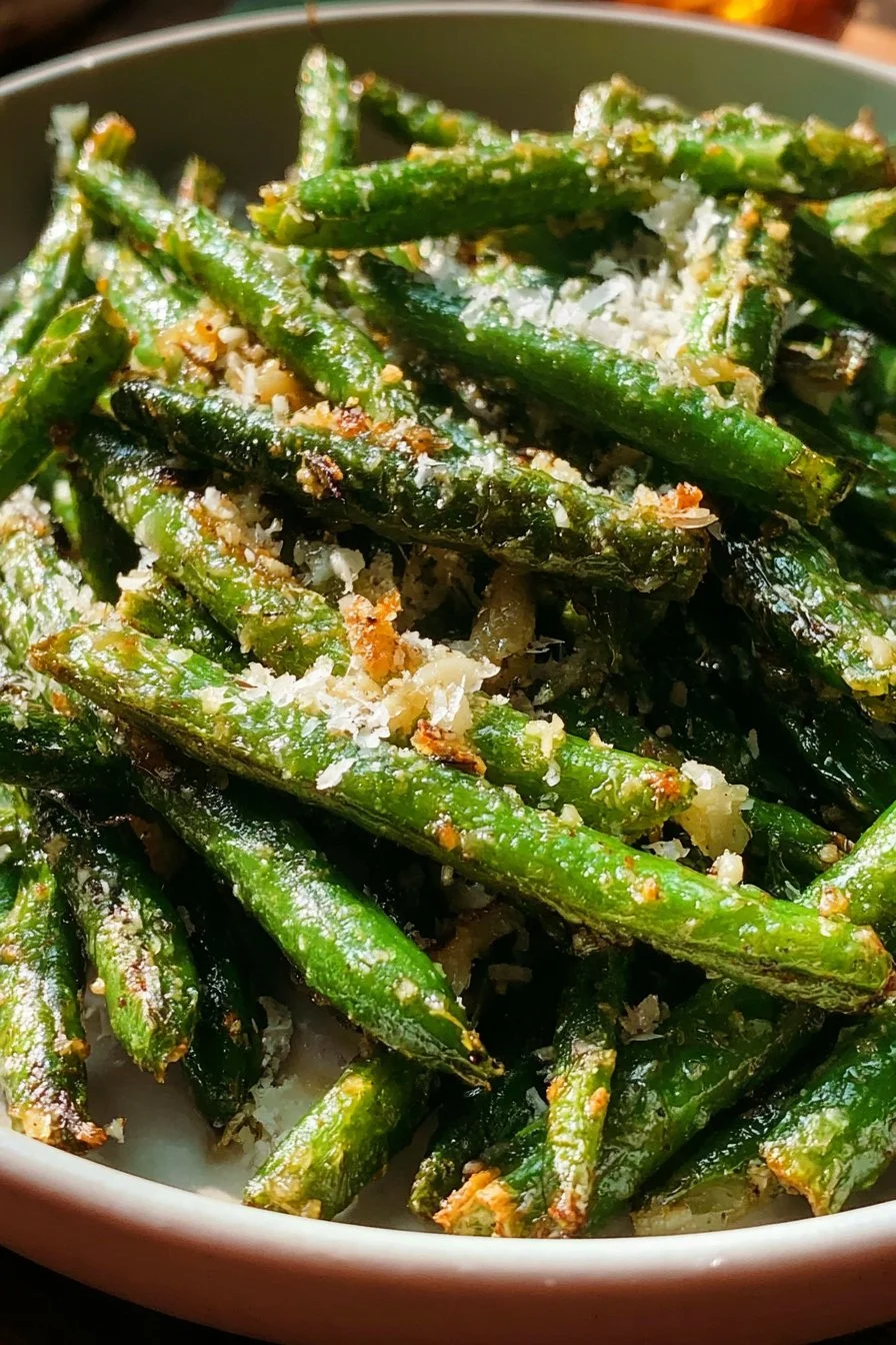 Plate of roasted green beans with garlic and Parmesan cheese