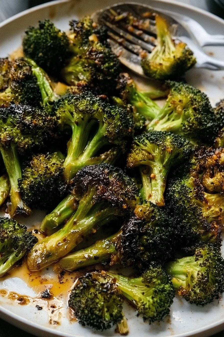 Bowl of roasted miso broccoli garnished with sesame seeds and green onions