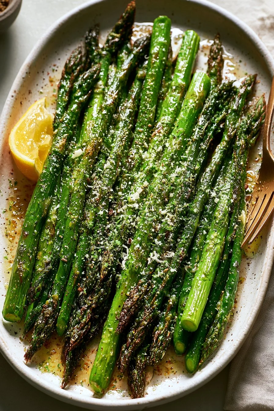 Plate of roasted Parmesan asparagus garnished and ready to serve