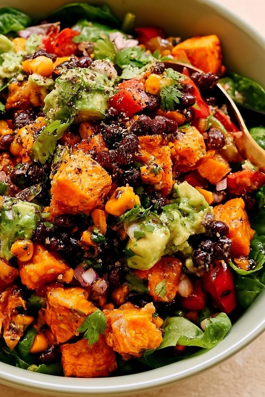 Roasted sweet potato black bean salad in a bowl with toppings