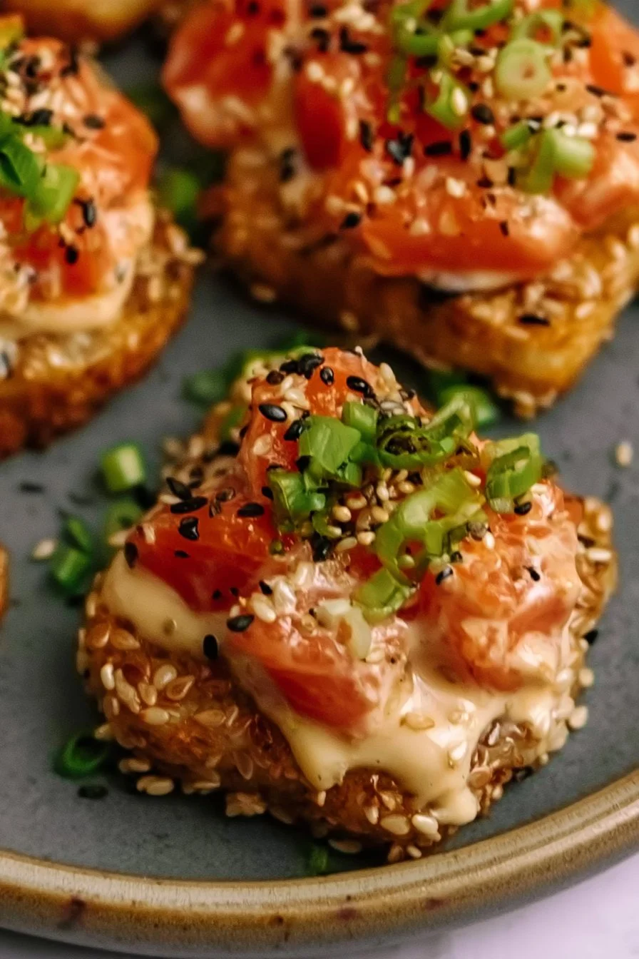 Plate of delicious salmon crispy rice garnished with herbs
