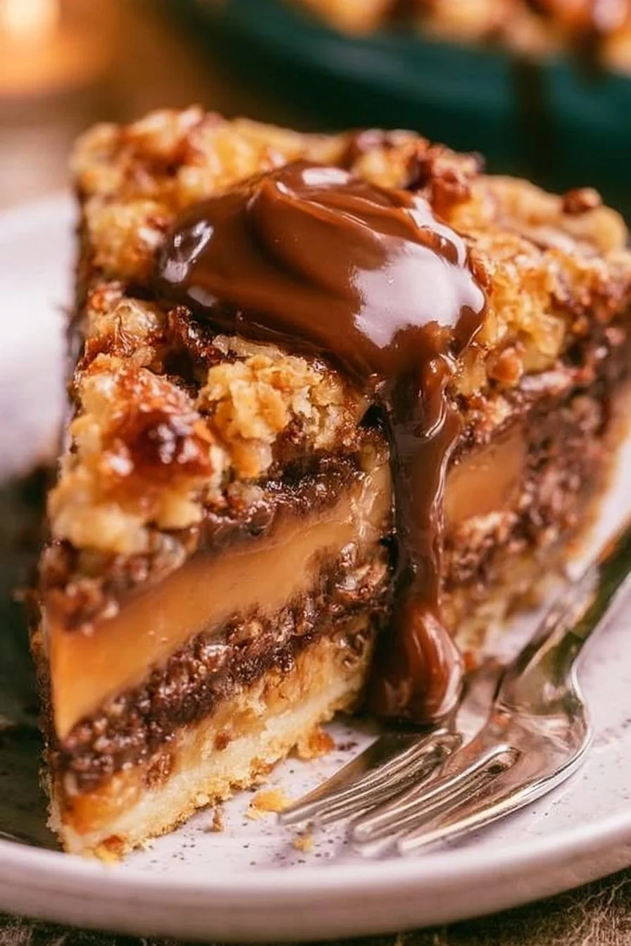 Delicious Samoa Pie dessert with chocolate, coconut, and caramel layers