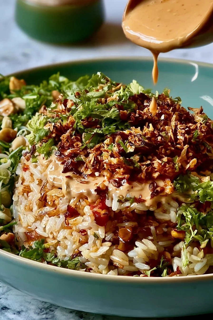 Delicious Satay Salad topped with crispy rice and fresh ingredients.