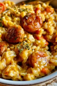 One pot sausage and rice dish served in a bowl with herbs