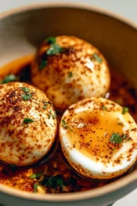 Delicious egg boil with seasoning on a plate, inspired by a TikTok recipe.