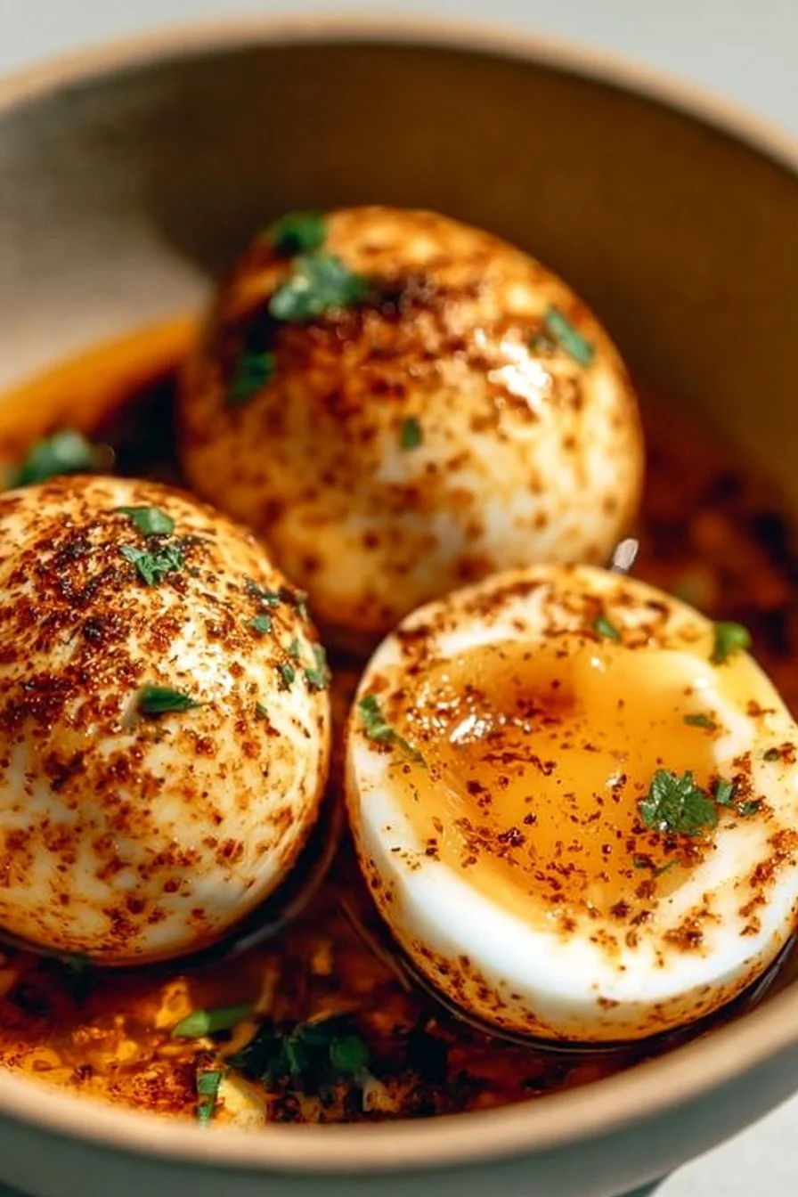 Delicious egg boil with seasoning on a plate, inspired by a TikTok recipe.