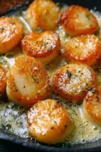 Deliciously seared scallops beautifully plated with garnish.