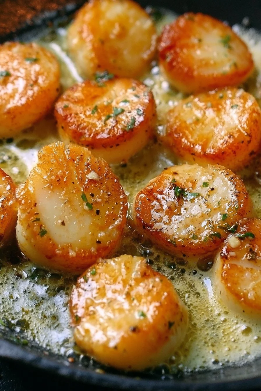 Seared Scallops 1 Deliciously seared scallops beautifully plated with garnish.