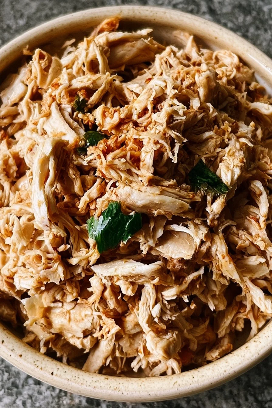 Delicious shredded chicken ready for meal preparation.