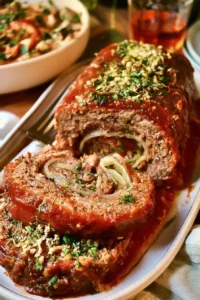 Delicious Sicilian Meatloaf served with fresh herbs and a side of vegetables.