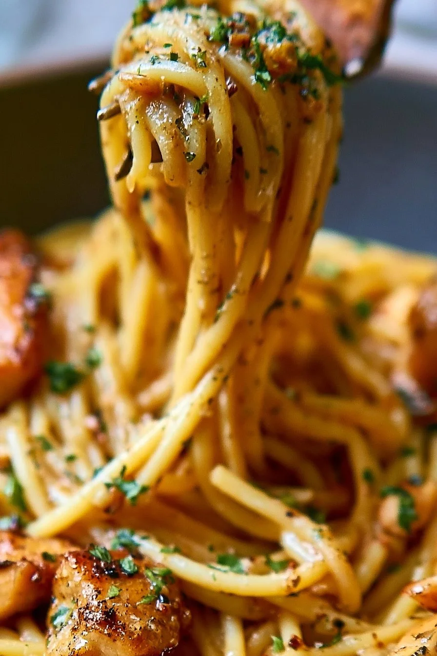 Plate of garlic butter chicken pasta garnished with herbs