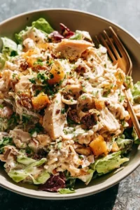 Bowl of simple healthy chicken salad with fresh vegetables and dressing