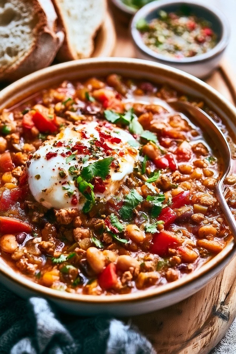 Mediterranean-style Turkey Chili served in a bowl with fresh ingredients.