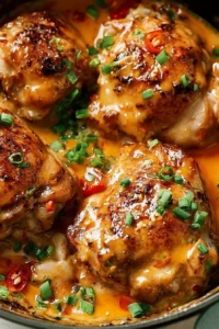 Skillet Bang Bang Chicken Thighs garnished and ready to serve.