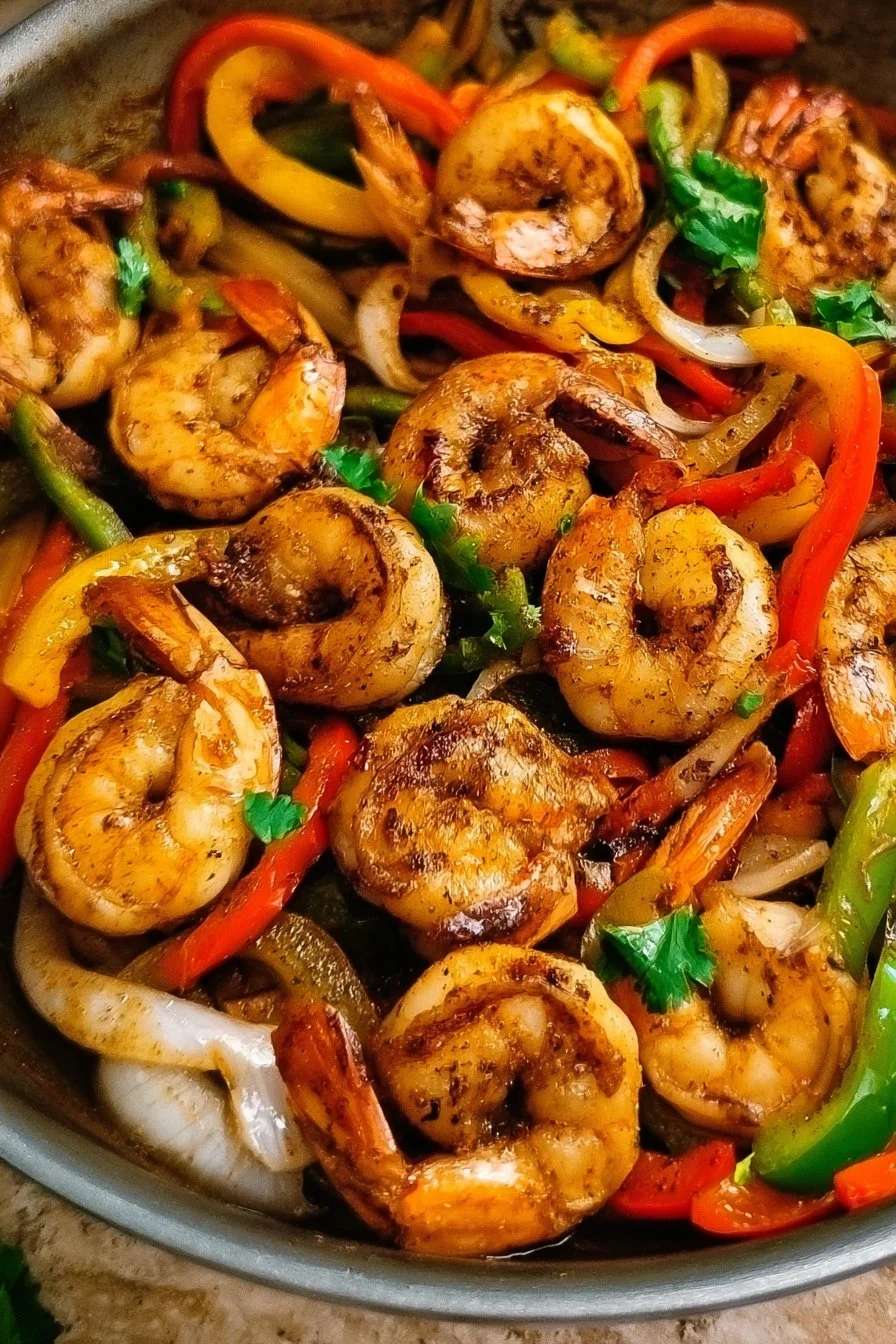 Skillet shrimp fajitas with colorful veggies and spices in a sizzling pan