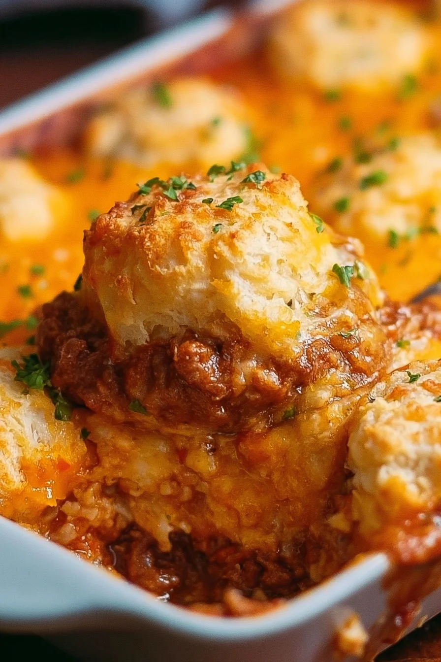 Delicious Sloppy Joe Casserole topped with Cheddar Bay biscuits in a baking dish.