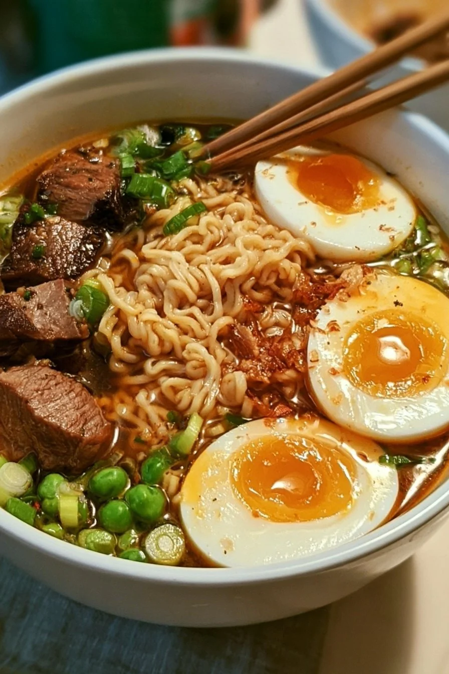 Bowl of Slow Cooker Beef Ramen topped with green onions and soft-boiled egg.