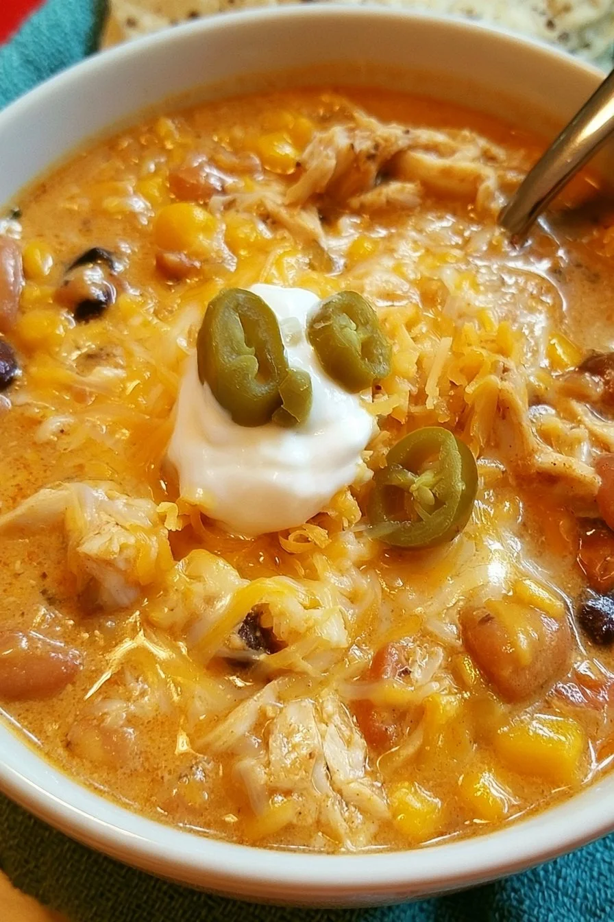 Bowl of slow cooker cheesy chicken chili with toppings