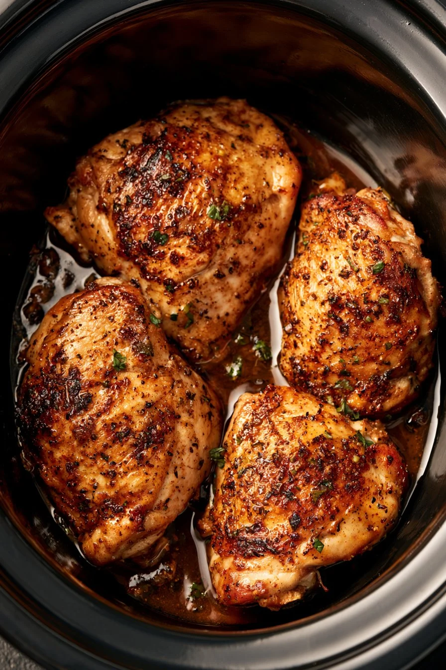 Delicious slow cooker chicken breasts served with herbs and vegetables