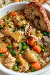 A bowl of slow cooker chicken stew filled with vegetables and herbs.
