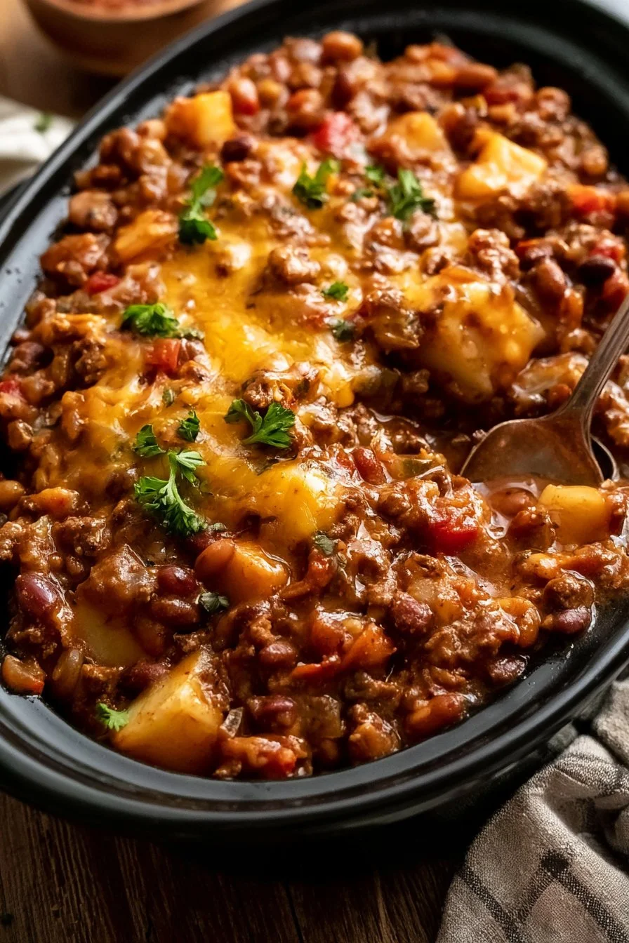 Delicious slow cooker cowboy casserole with beef and beans